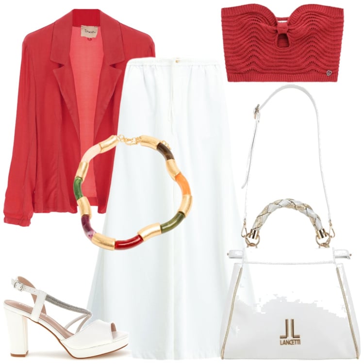 Outfit donna - Total look #2429753. Stile Glamour per Serata fuori. Abbinamento con pantaloni a palazzo, top, blazer, collane, sandali col tacco, borse a tracolla.