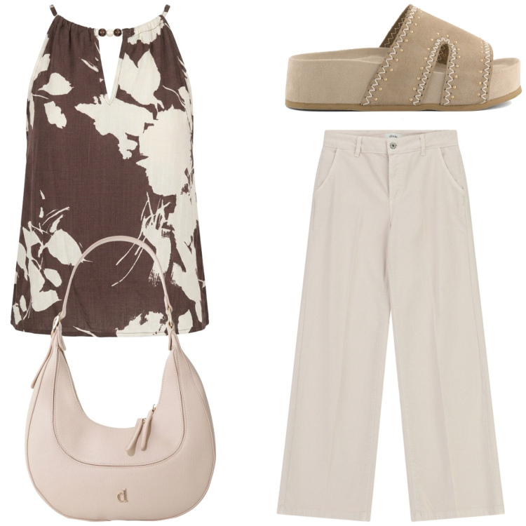 Outfit donna - Summer style. Stile Chic per Tutti i giorni. Abbinamento con pantaloni a palazzo, borse a tracolla, canottiere, zeppe.
