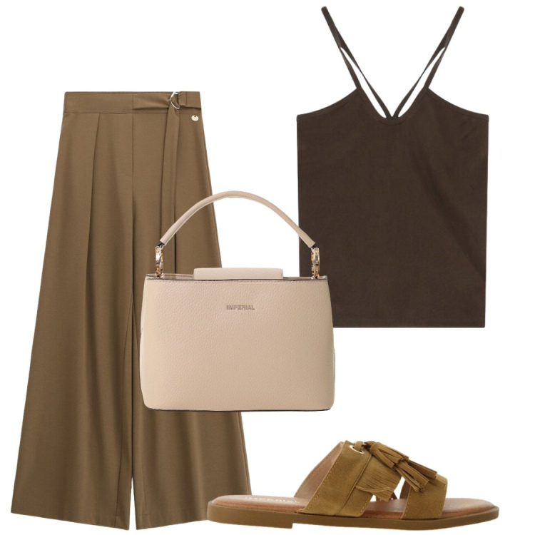 Outfit donna - Tolgo le spese col racco e arrivo. Stile Chic per Serata fuori. Abbinamento con canottiere, pantaloni a palazzo, borse a secchiello, sandali.