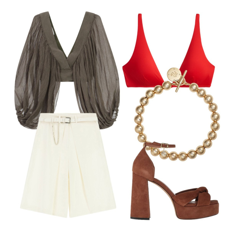 Outfit donna - Top+bermuda Imperial. Stile Glamour per Cerimonia. Abbinamento con sandali in pelle, bermuda, top, braccialetti, bikini.