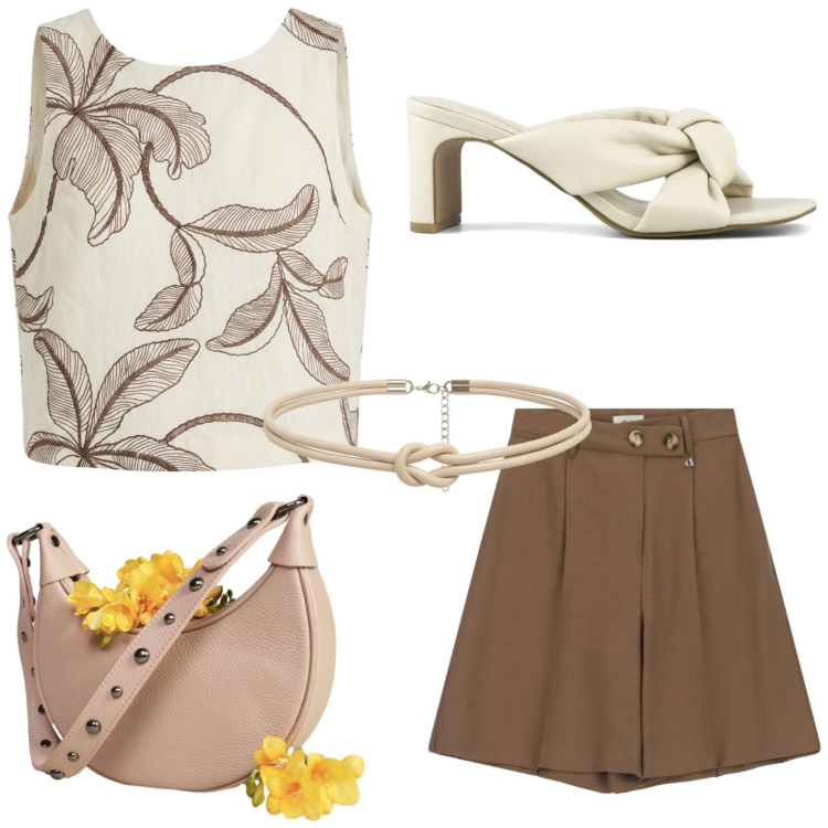 Outfit donna - Summer style edition. Stile Casual chic per Tutti i giorni. Abbinamento con bermuda, borse a spalla, cinture, top, sandali col tacco.