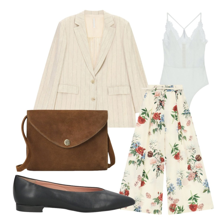 Outfit donna - Imperial - Italian Summer. Stile Trendy per Ufficio. Abbinamento con ballerine, top, blazer, pantaloni a palazzo, borse a tracolla.