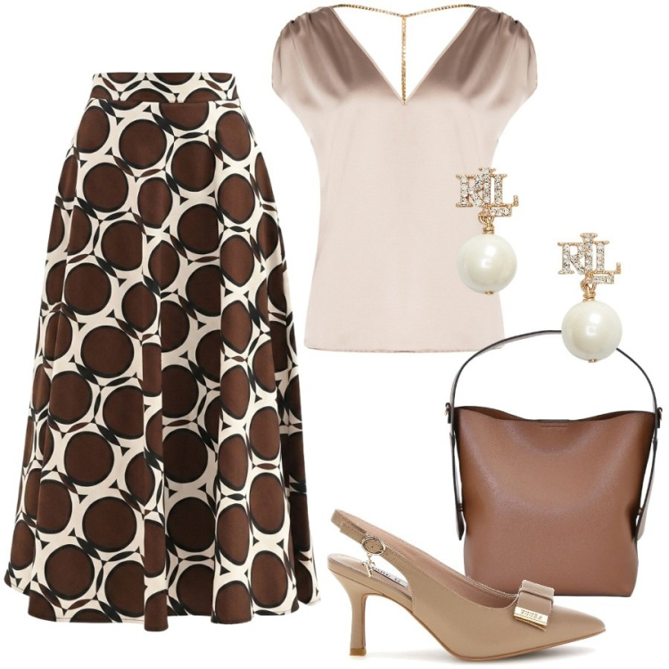 Outfit donna - Un\'elegante gonna a ruota. Stile Chic per Cerimonia. Abbinamento con top, gonne lunghe, borse a mano, orecchini, décolleté.