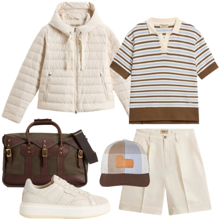 Outfit donna - Estate in montagna. Stile Casual chic per Tutti i giorni. Abbinamento con borse a tracolla, cappelli con visiera, polo, pantaloni corti, sneakers, piumini.