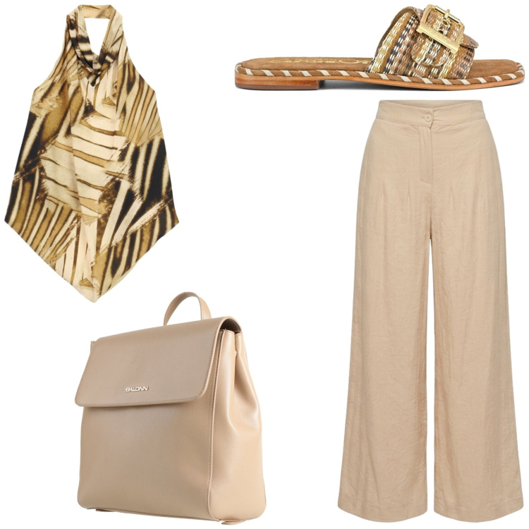 Outfit donna - Il top per sentirti subito in vacanza. Stile Chic per Tutti i giorni. Abbinamento con zaini, top, pantaloni a palazzo, ciabatte.