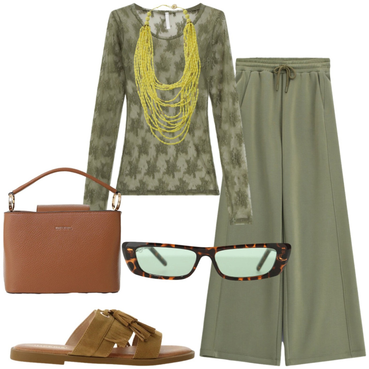 Outfit donna - Dettaglio chic. Stile Casual chic per Serata fuori. Abbinamento con bluse, pantaloni a palazzo, borse a secchiello, collane, occhiali da sole, sandali.
