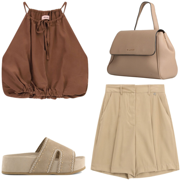 Outfit donna - In vacanza. Stile Sporty chic per Tutti i giorni. Abbinamento con zaini, top, bermuda, zeppe.
