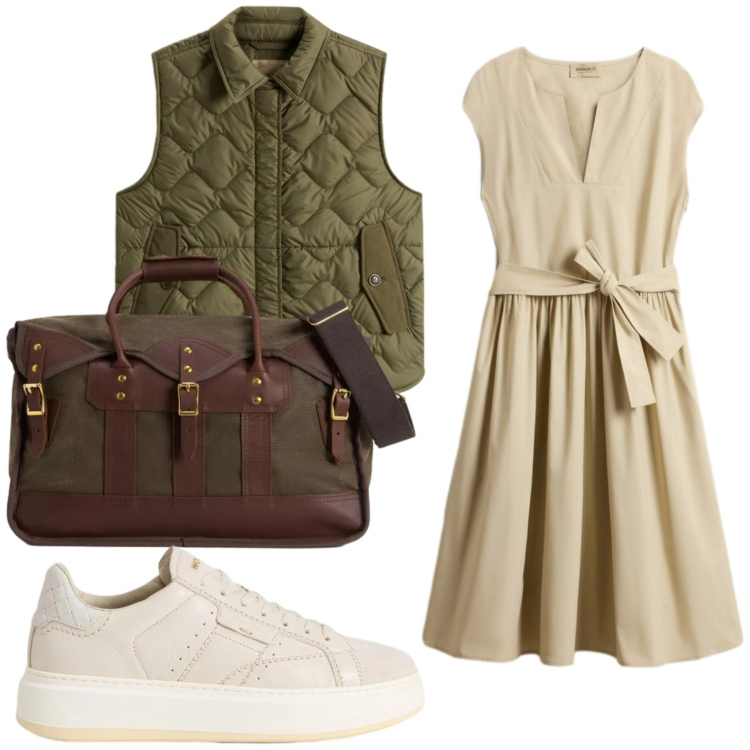 Outfit donna - Woolrich - Summer Layers. Stile Glamour per Tutti i giorni. Abbinamento con borse a tracolla, gilet, vestiti corti, sneakers.