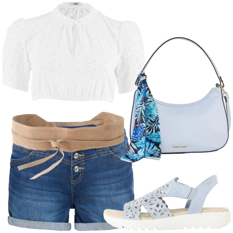 Outfit donna - Leggerezza. Stile Sporty chic per Tutti i giorni. Abbinamento con camicie, shorts, cinture, borse a mano, sandali col tacco.