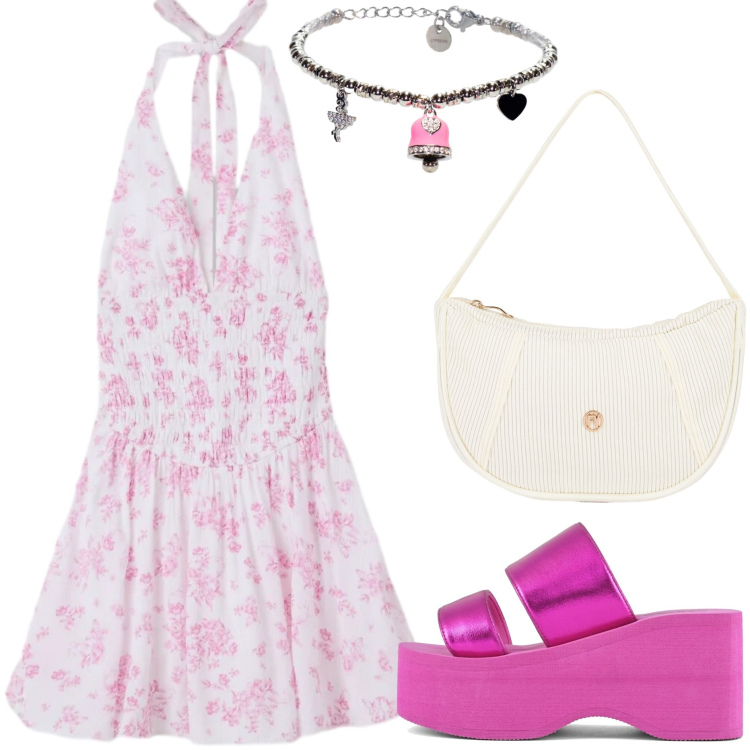 Outfit donna - Sotto il sole basic trendy. Stile Basic per Tutti i giorni. Abbinamento con vestiti, braccialetti, borse a mano, zeppe.