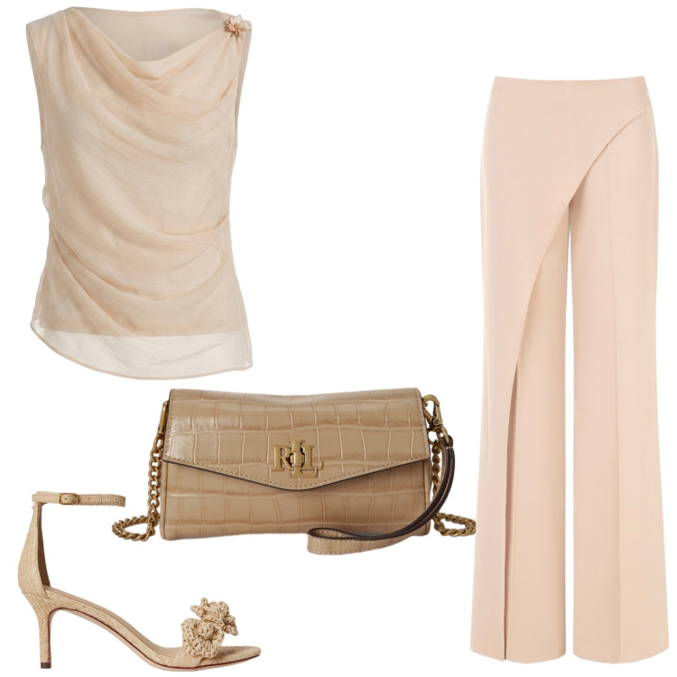 Outfit donna - Il completo raffinato. Stile Chic per Cerimonia. Abbinamento con pantaloni, top, portafogli, sandali in pelle.