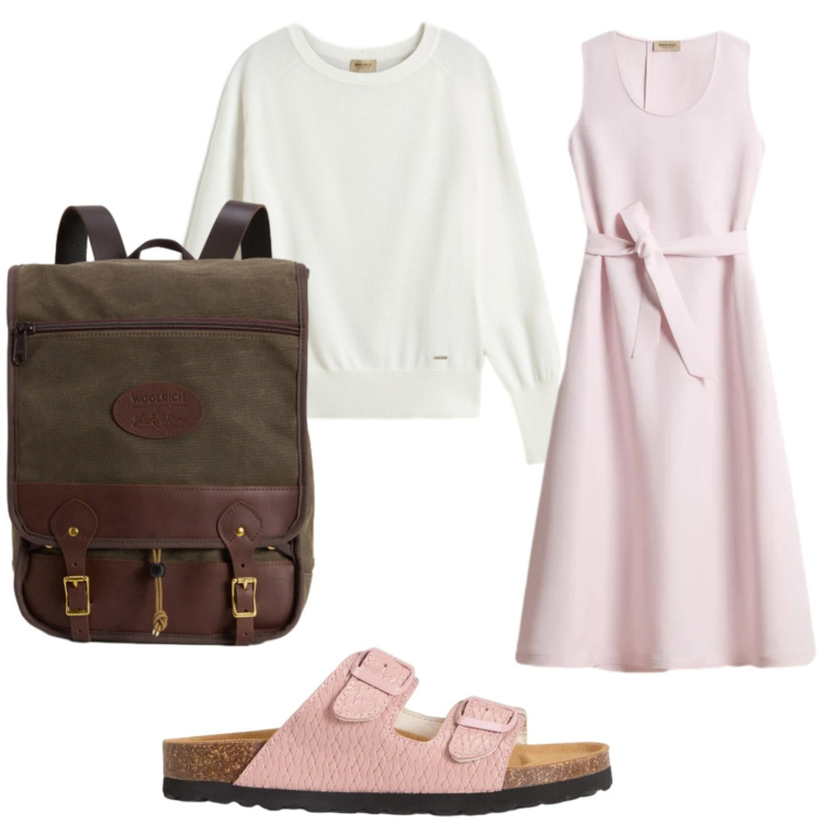 Outfit donna - Woolrich - Summer Layers. Stile Urban per Tutti i giorni. Abbinamento con zaini, vestiti midi/longuette, sandali in pelle, maglieria.