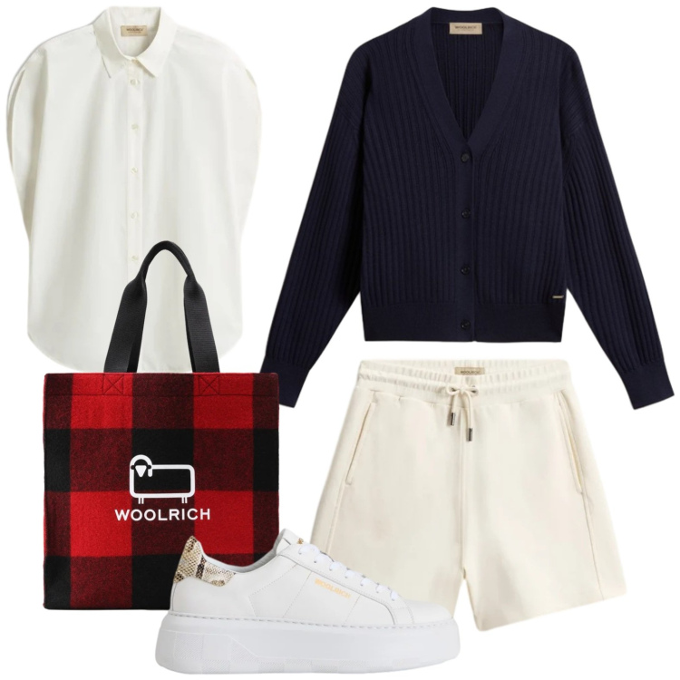 Outfit donna - Woolrich - Summer Layers. Stile Urban per Tutti i giorni. Abbinamento con borse tote, sneakers, bluse, cardigans, shorts.