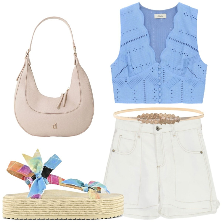Outfit donna - Color of California. Stile Trendy per Tutti i giorni. Abbinamento con borse a tracolla, cinture, top, shorts, sandali.