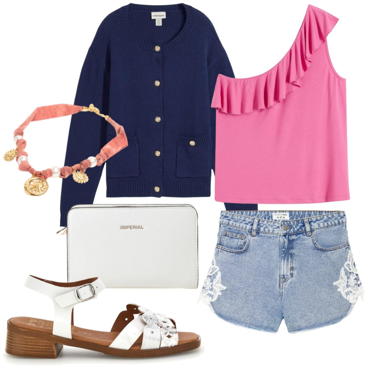 Outfit donna - Watermelon Pink - Pink Summer Energy. Stile Casual per Tutti i giorni. Abbinamento con top, cardigans, shorts, borse a tracolla, collane, sandali col tacco.