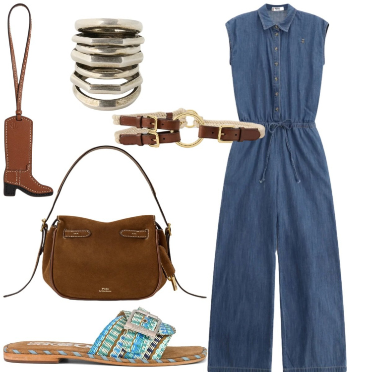 Outfit donna - Summer in tuta. Stile Etnico per Tutti i giorni. Abbinamento con tute, borse a mano, anelli, ciondoli, cinture, ciabatte.
