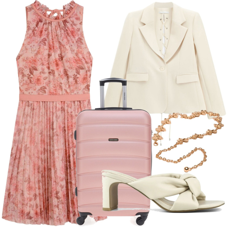 Outfit donna - Watermelon Pink - Pink Summer Energy. Stile Trendy per Tutti i giorni. Abbinamento con vestiti corti, blazer, cinture, sandali col tacco, valigie.