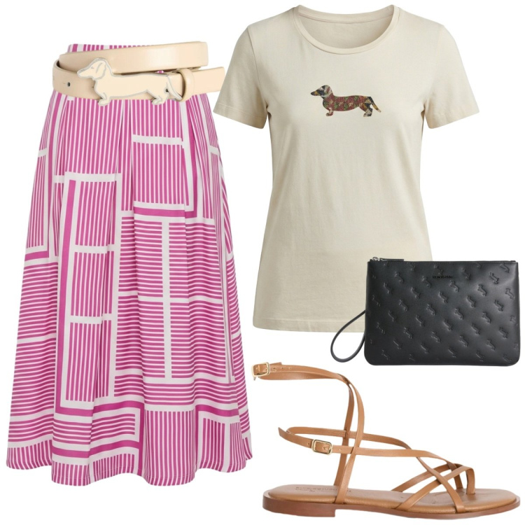Outfit donna - Casual passeggiata con zoe. Stile Casual per Tutti i giorni. Abbinamento con sandali in pelle, anelli, t-shirt, cinture, gonne lunghe.