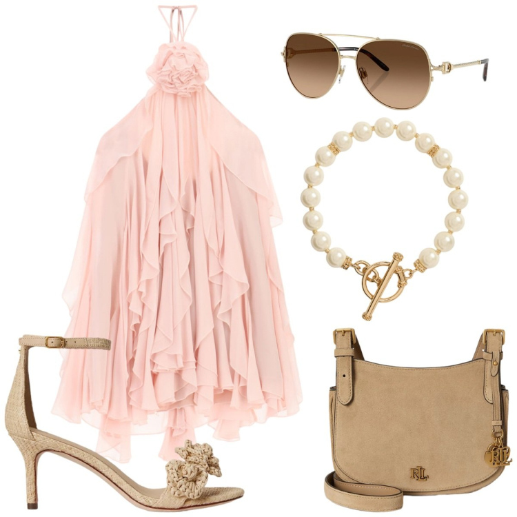 Outfit donna - Italiana. Stile Casual chic per Tutti i giorni. Abbinamento con vestiti corti, occhiali da sole, collane, sandali in pelle, borse a tracolla.