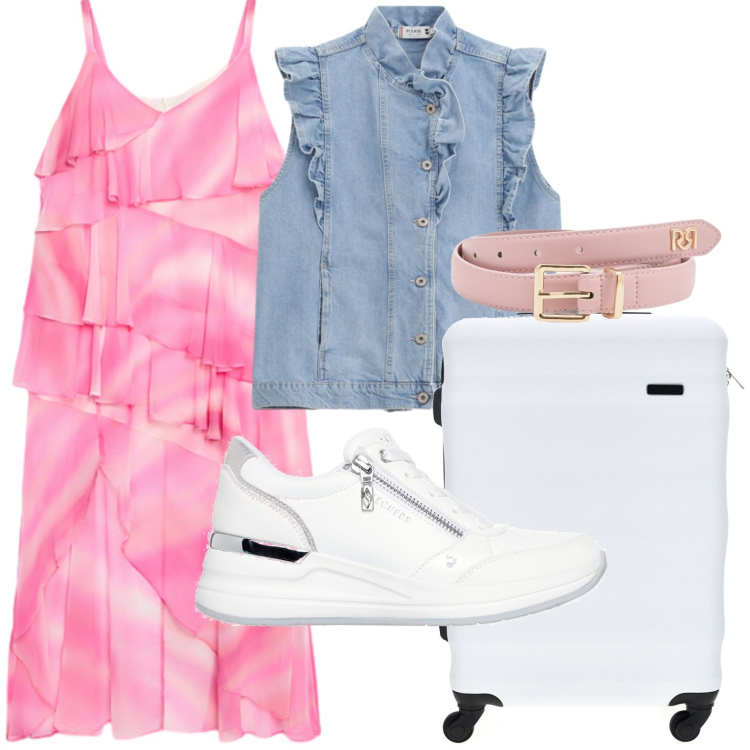 Outfit donna - Watermelon Pink - Pink Summer Energy. Stile Casual per Tutti i giorni. Abbinamento con cinture, gilet, vestiti lunghi, sneakers alte, valigie.