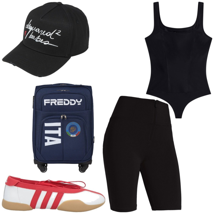 Outfit donna - In partenza. Stile Sporty chic per Tutti i giorni. Abbinamento con ballerine, cappelli con visiera, shorts, top, valigie.