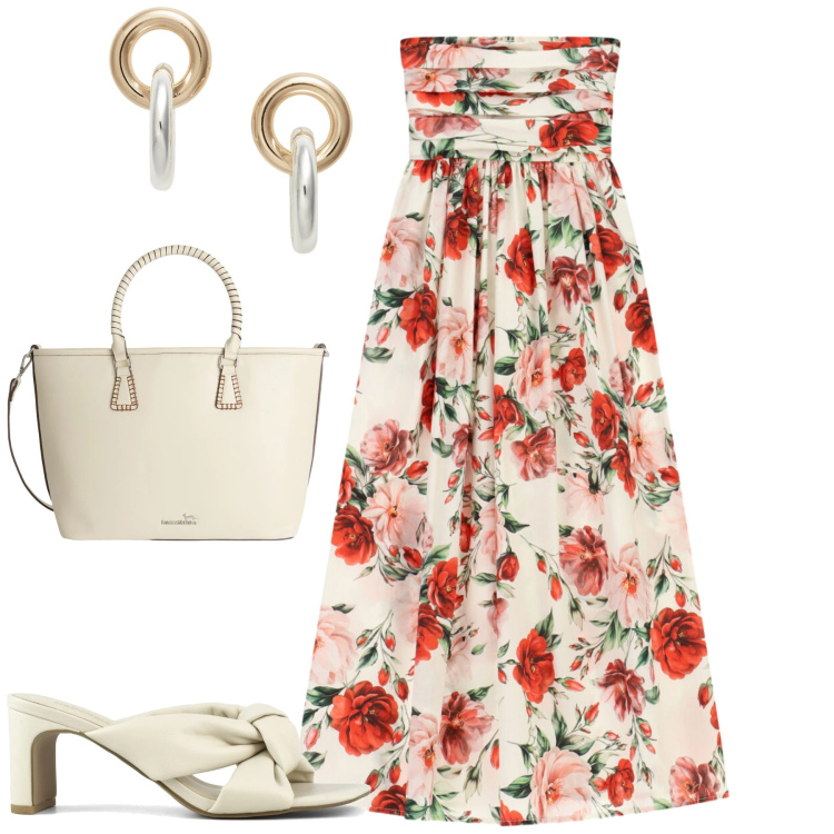 Outfit donna - Pattern sotto il sole. Stile Casual chic per Tutti i giorni. Abbinamento con shopping bag, vestiti midi/longuette, orecchini, sandali col tacco.