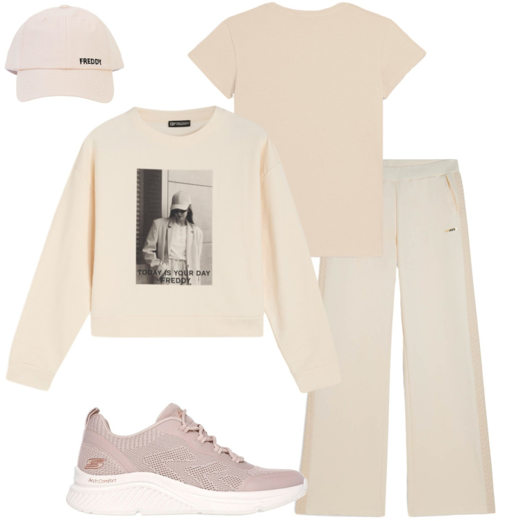 Outfit donna - Sporty Summer Freddy. Stile Casual per Tutti i giorni. Abbinamento con pantaloni, cappelli con visiera, felpe, t-shirt, sneakers.