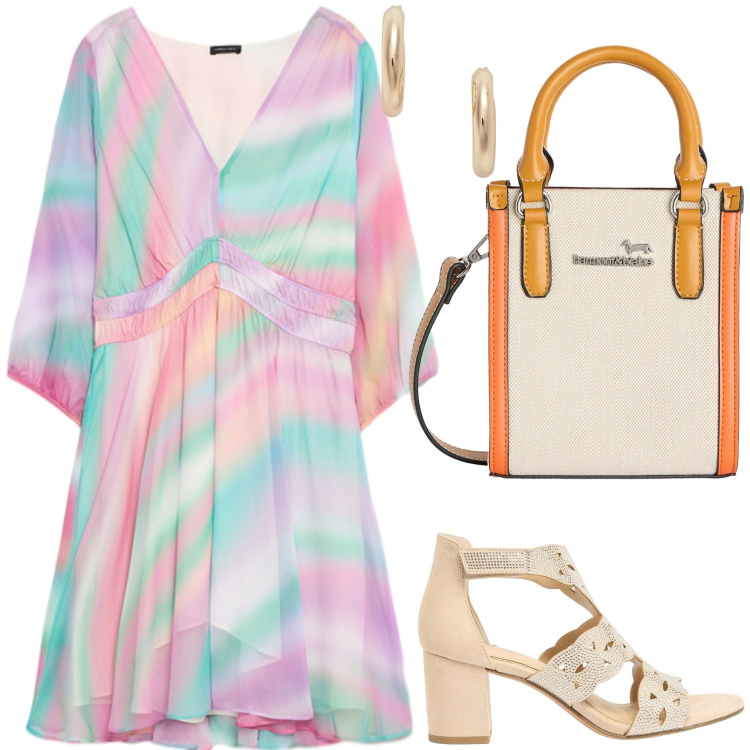 Outfit donna - Acquerello estivo. Stile Chic per Serata fuori. Abbinamento con sandali col tacco, borse tote, vestiti corti, orecchini.