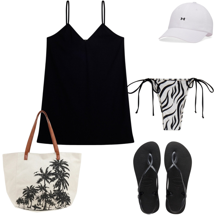 Outfit donna - Sporty Summer Freddy. Stile Casual per Mare. Abbinamento con bikini, vestiti corti, ciabatte, shopping bag, cappelli con visiera.