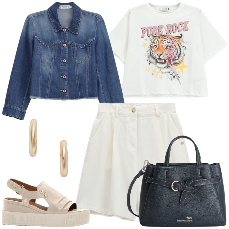Outfit donna - Total look #2429823. Stile Casual chic per Tutti i giorni. Abbinamento con sandali, t-shirt, blazer, bermuda, borse a mano, orecchini.