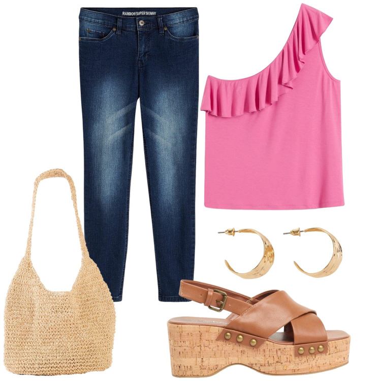 Outfit donna - Total look #2429824. Stile Casual chic per Tutti i giorni. Abbinamento con top, jeans skinny, shopping bag, zeppe, orecchini.