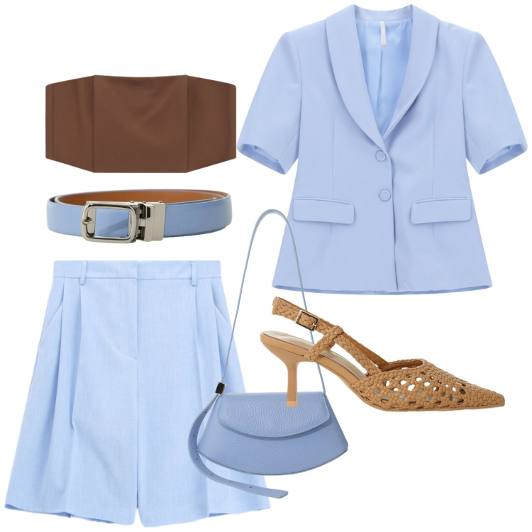 Outfit donna - Stilosa. Stile Trendy per Serata fuori. Abbinamento con blazer, top, cinture, bermuda, décolleté, borse a spalla.