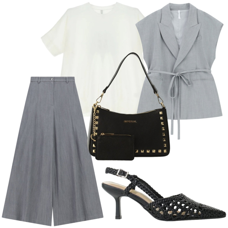 Outfit donna - Stile contemporaneo. Stile Casual per Ufficio. Abbinamento con pantaloni a palazzo, gilet, décolleté, t-shirt, borse a spalla.
