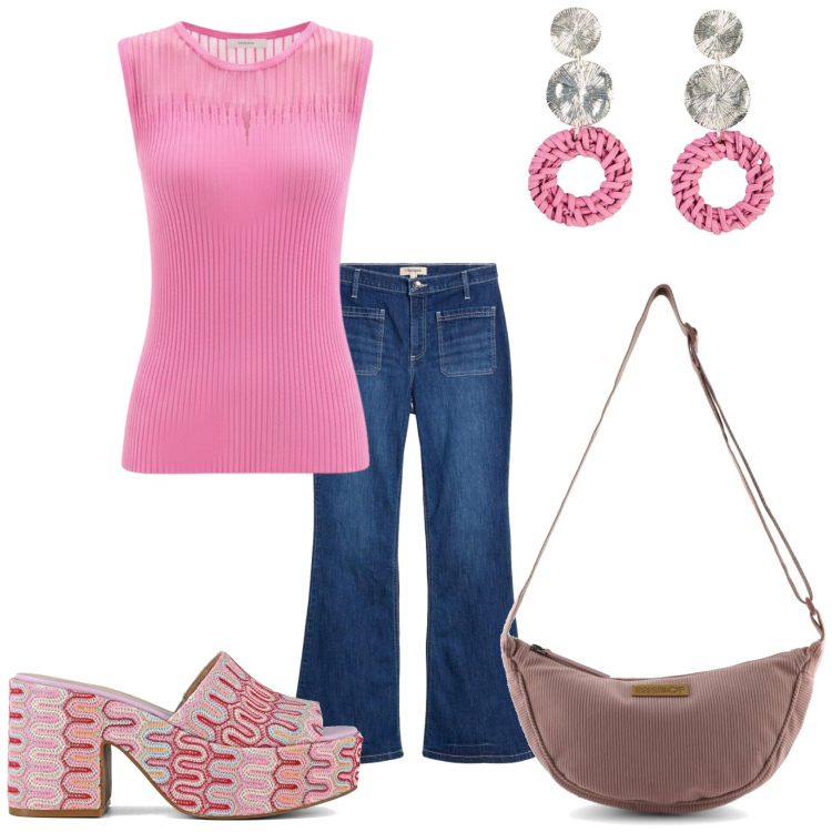 Outfit donna - Rosa in jeans. Stile Trendy per Tutti i giorni. Abbinamento con orecchini, jeans a zampa, top, sabot, borse a tracolla.