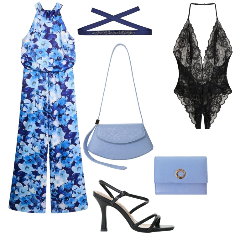 Outfit donna - Jumpsuit cocktail blu a fiori. Stile Chic per Serata fuori. Abbinamento con tute, body, cinture, portafogli, sandali col tacco, borse a spalla.