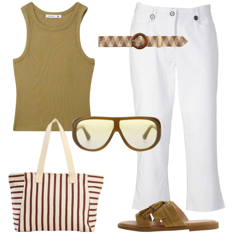 Outfit donna - Pranzo vista mare. Stile Casual per Mare. Abbinamento con shopping bag, pantaloni capri, cinture, top, occhiali da sole, sandali.