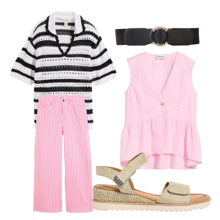 Outfit donna - Gilet + pantaloni bonprix. Stile Casual per Ufficio. Abbinamento con pantaloni, cinture, gilet, sandali, t-shirt.