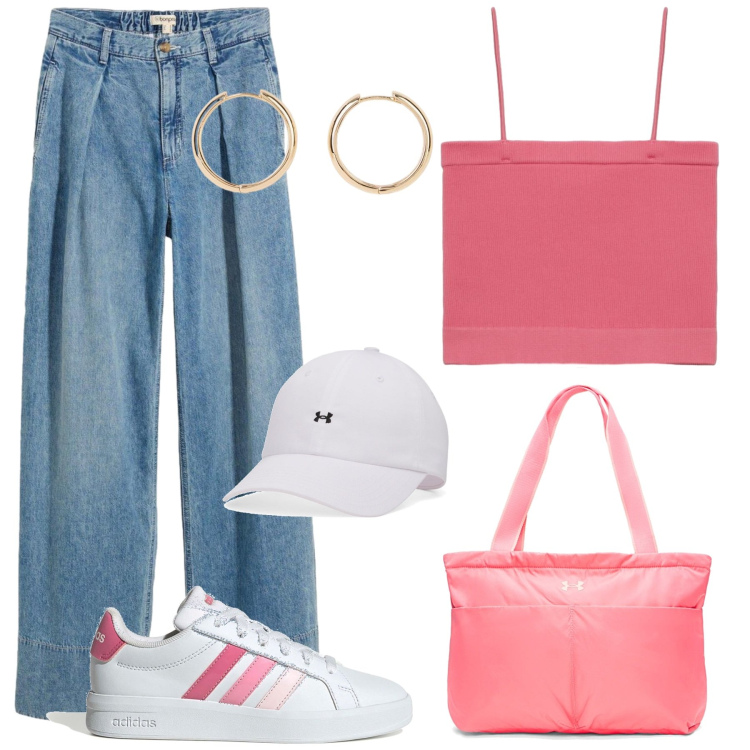 Outfit donna - Watermelon pink. Stile Sporty chic per Tutti i giorni. Abbinamento con orecchini, jeans, top, sneakers, borse tote, cappelli con visiera.