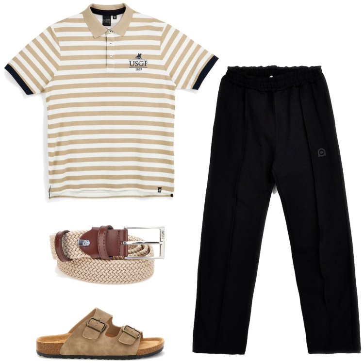 Outfit uomo - Pittarello collection. Stile Casual per Tutti i giorni. Abbinamento con cinture, polo, pantaloni, sandali.