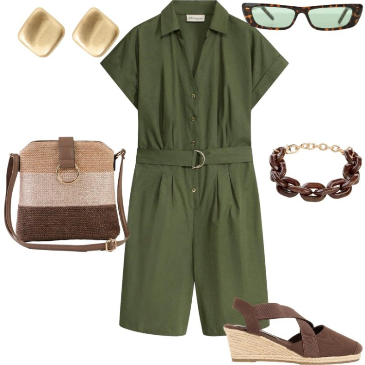 Outfit donna - In città. Stile Sporty chic per Tutti i giorni. Abbinamento con tuta corta, braccialetti, zeppe, borse a tracolla, occhiali da sole, orecchini.