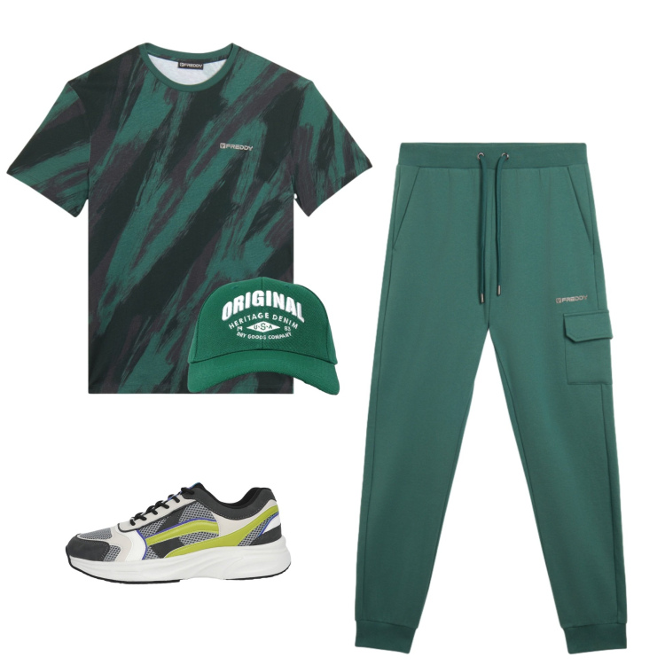 Outfit uomo - Green Power. Stile Urban per Sport. Abbinamento con sneakers, cappelli con visiera, pantaloni cargo, t-shirt.