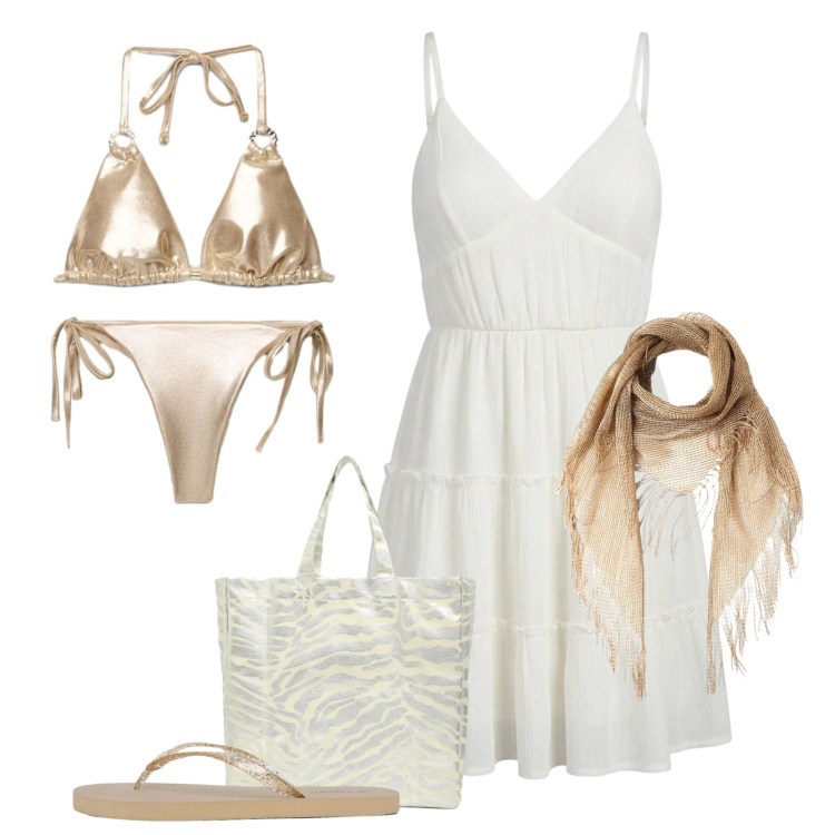 Outfit donna - Terranova gold beach. Stile Trendy per Mare. Abbinamento con vestiti corti, infradito, bikini, bikini, shopping bag, canottiere.