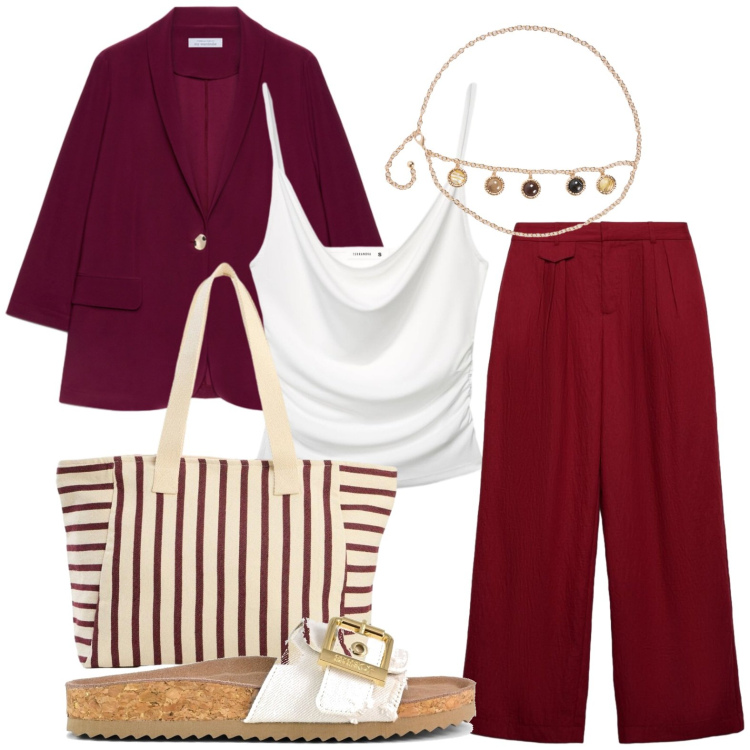 Outfit donna - Mood estivo. Stile Urban per Ufficio. Abbinamento con shopping bag, canottiere, pantaloni, cinture, blazer, sandali.