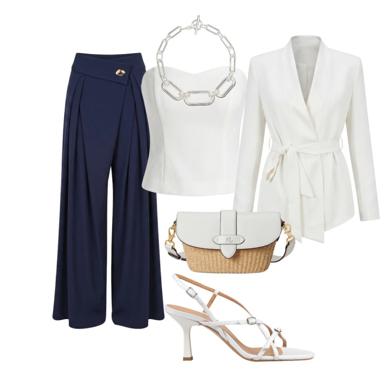 Outfit donna - Cerimonia Rinascimento. Stile Chic per Cerimonia. Abbinamento con sandali in pelle, top, blazer, pantaloni a palazzo, borse a spalla, collane.