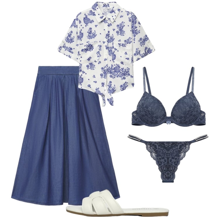 Outfit donna - Total look mood romance. Stile Romantica per Tutti i giorni. Abbinamento con gonne lunghe, perizomi, ciabatte, reggiseni push-up, camicie a manica corta.