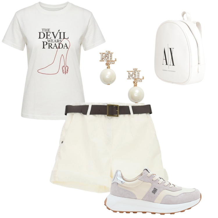 Outfit donna - White look. Stile Casual per Tutti i giorni. Abbinamento con zaini, orecchini, shorts, sneakers, t-shirt.