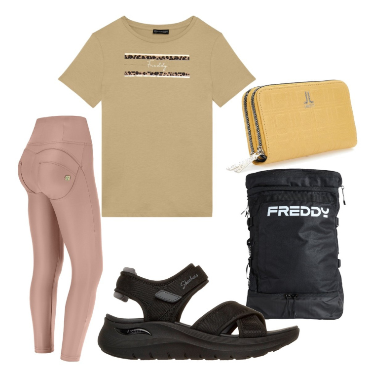 Outfit donna - Maglietta sporty. Stile Trendy per Tutti i giorni. Abbinamento con t-shirt, zaini, pantaloni skinny, portafogli, sandali.