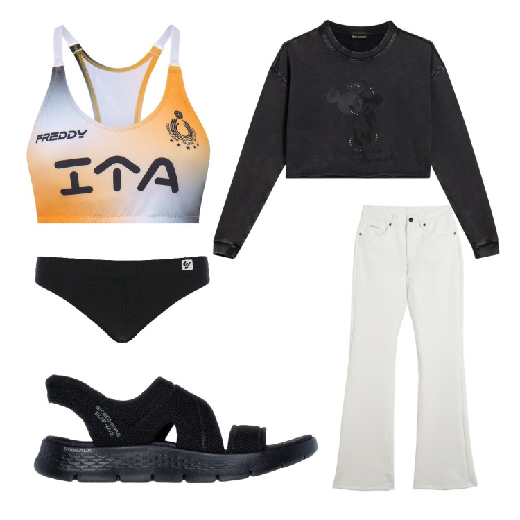 Outfit donna - Top Sporty. Stile Urban per Tutti i giorni. Abbinamento con top, culotte, pantaloni, felpe, sandali col tacco.