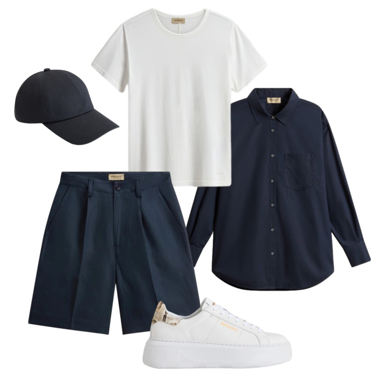 Outfit donna - Blu e bianco Woolrich style. Stile Sporty chic per Tutti i giorni. Abbinamento con cappelli, t-shirt, sneakers, pantaloni corti, camicie.