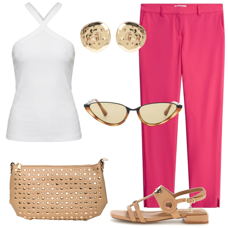 Outfit donna - Semplicità...complessa!!. Stile Casual chic per Tutti i giorni. Abbinamento con pantaloni, occhiali da sole, orecchini, borse a spalla, canottiere, sandali col tacco.